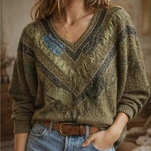 Vintage 80s Olive Green Patchwork Dolman Sweater Italian Boho Textured Slouchy
